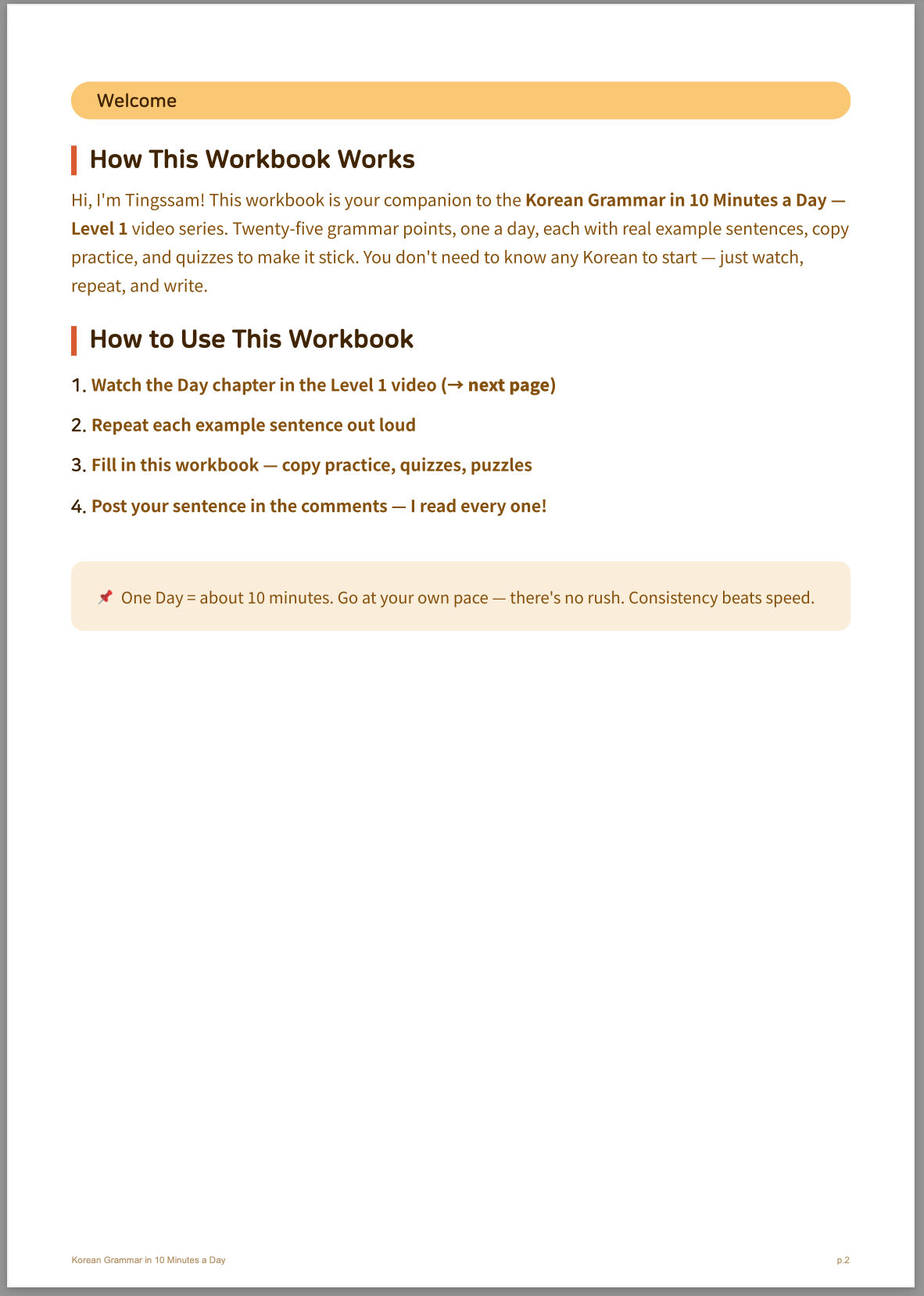 Korean Grammar Level 1 Workbook — FREE (100 Pages · 25 Days)